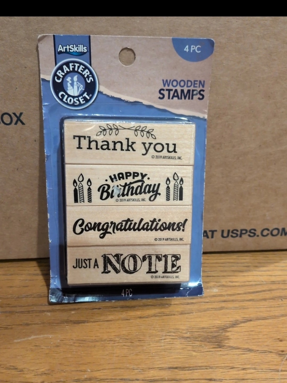 4 NEW Wooden Stamps,Crafter's Closet 3"x1"Thank You,Happy Birthday,Congrats,Note